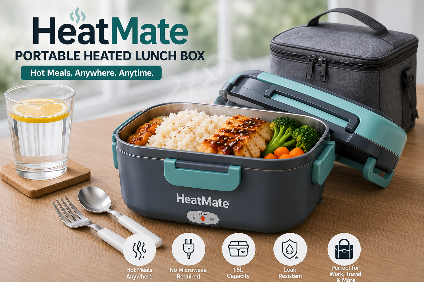 HeatMate portable heated lunch box with carry bag and hot meal