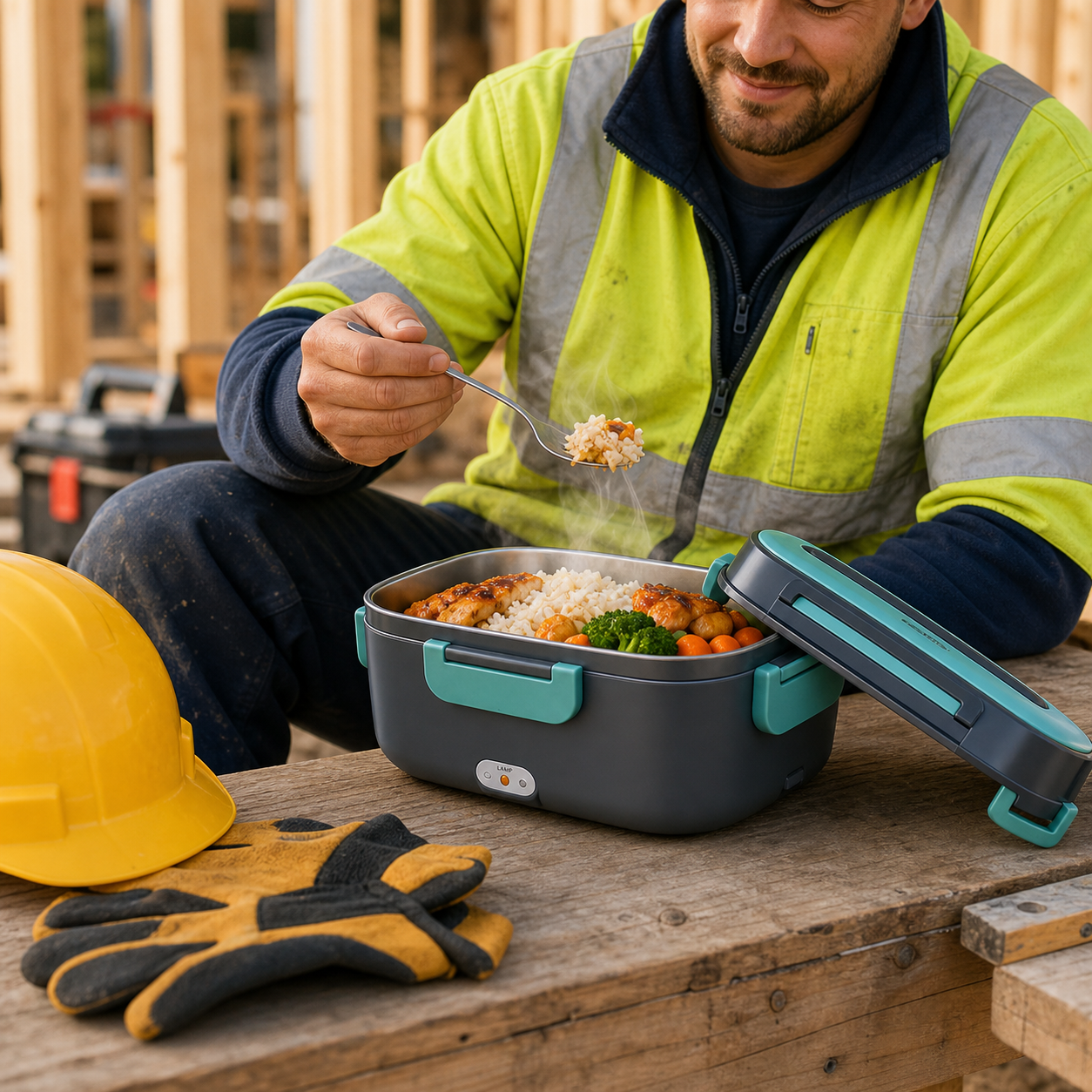Heated lunch box for construction job site lunch