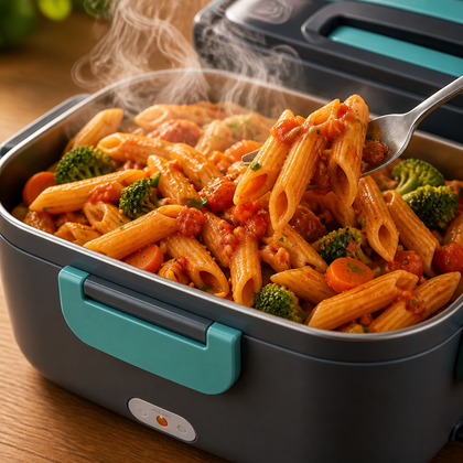 Hot pasta inside HeatMate stainless steel tray