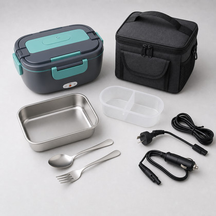 HeatMate lunch box accessories flat lay with carry bag and cutlery