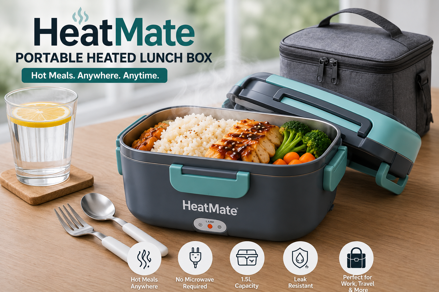 HeatMate portable heated lunch box with carry bag and hot meal